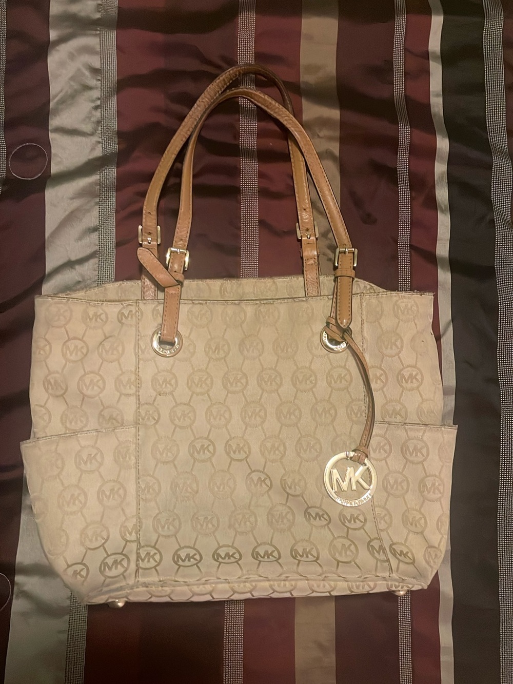 Michael Kors Tan and Beige Logo Tote with MK Charm - Picture 1 of 9